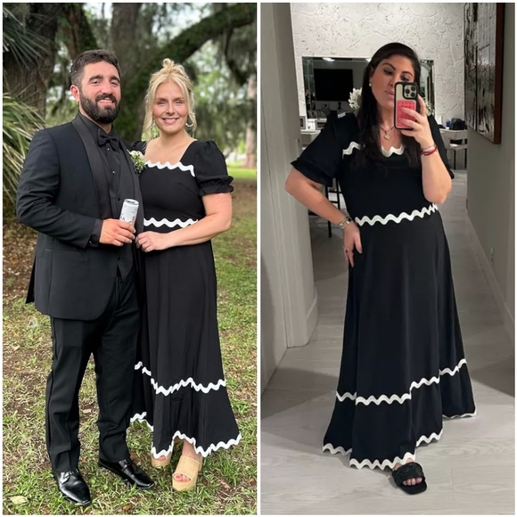 NWT BTFBM Black White Ric Rac Square Tie Smocked Tiered Puff Sleeve Maxi Dress L - Picture 6 of 15